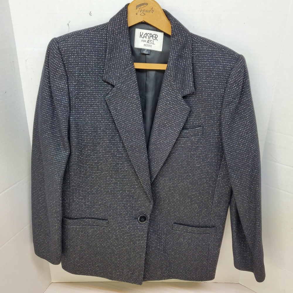 Kasper for ASL Petite Womens 12P Wool Blend Blazer Charcoal Grey Speckled Jacket